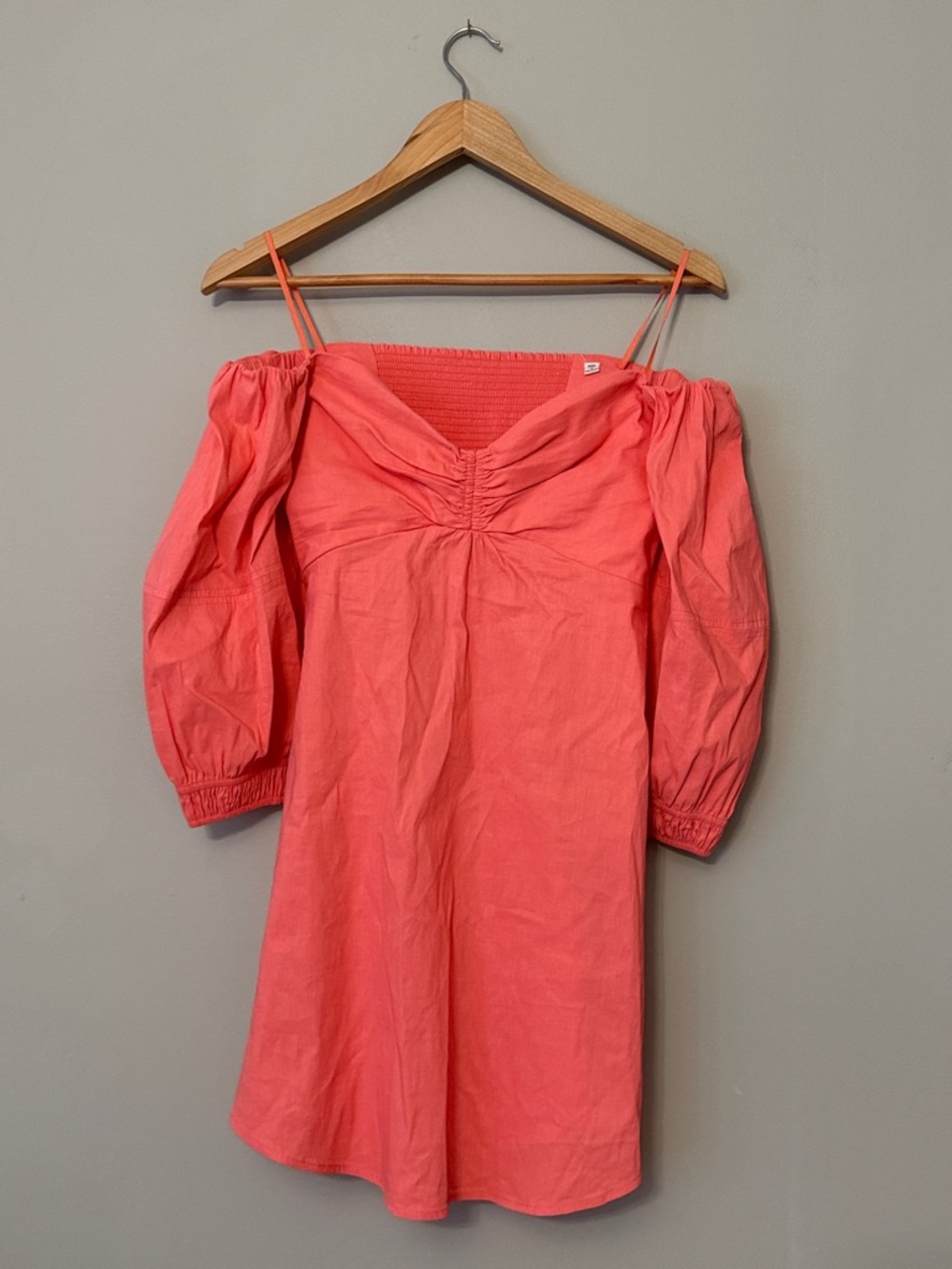 A.L.C. Mila Off Shoulder Puff Sleeve Mini Dress Coral 6 Flaw Ruched Sweetheart - Picture 2 of 9